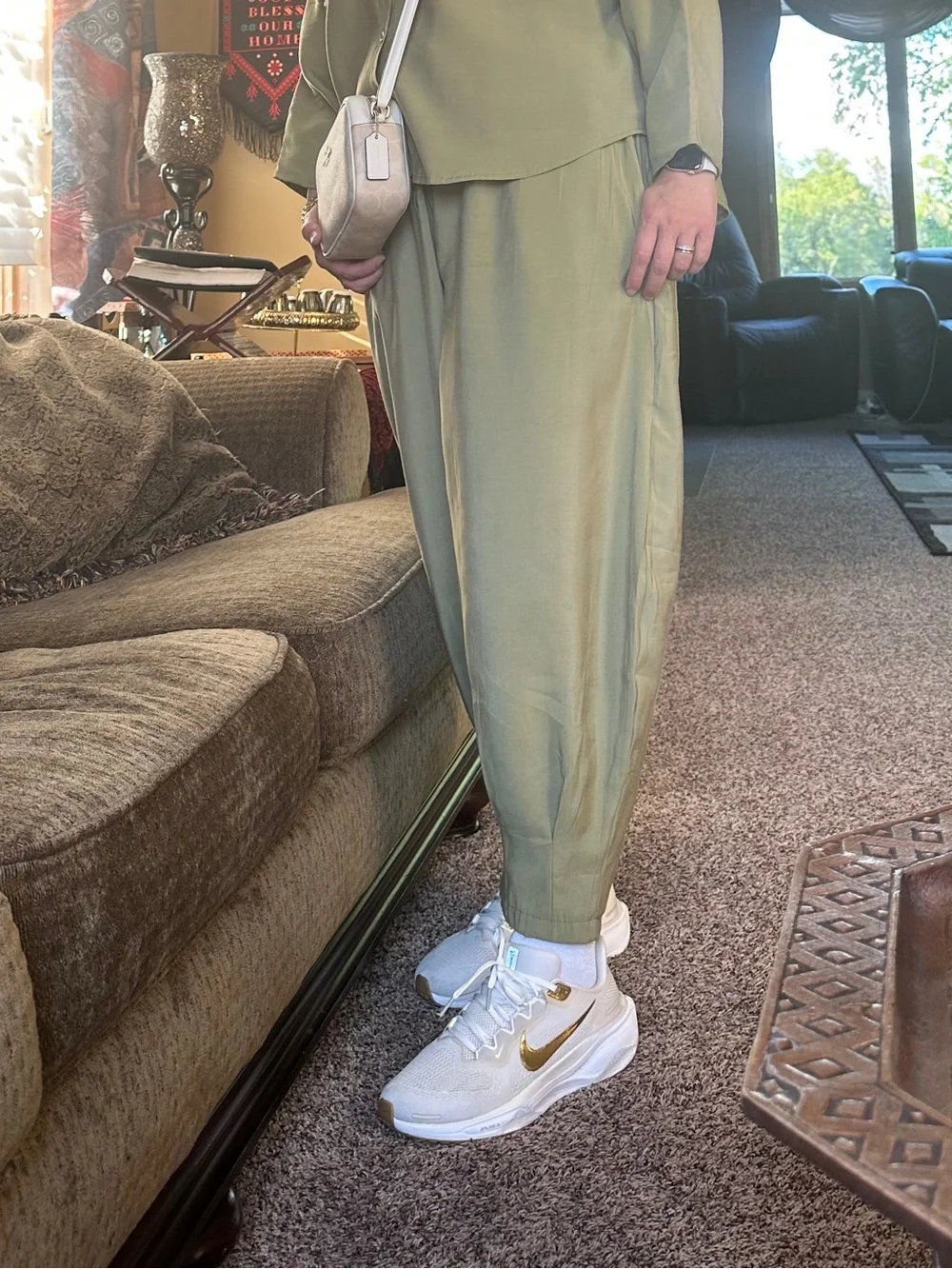 Relaxed Olive Green Matching Set with Light Beige Crossbody